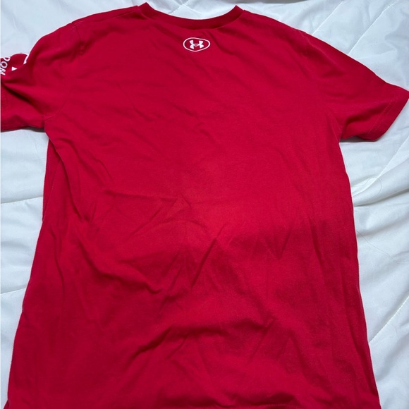 Under Armour Red Crew Neck T-Shirt Loose YLG Freedom logo on side/ blue & white - Picture 4 of 4